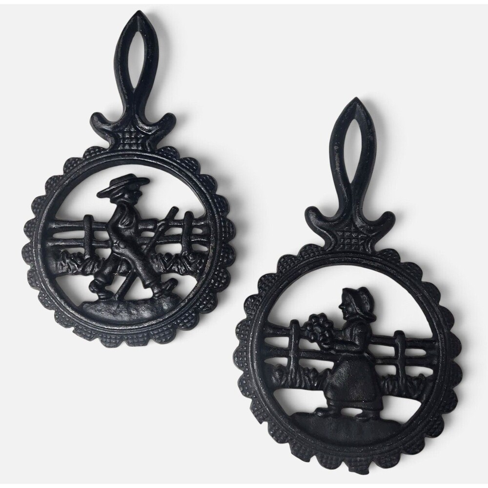 Vintage Cast Iron Trivet Amish Man & Woman Set of 2 Dale Craft Folk Art Black